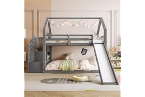 KECDUEY 90x200cm Etagenbett mit Stauraumtreppe und Rutsche, Hausbett, Kinderbett mit Geländer, geeignet für Kinder, Jugendliche (Grau)