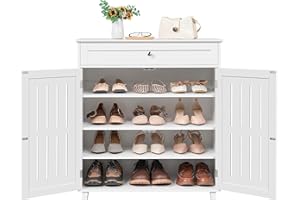 Yaheetech Shoe Cabinet, Wooden Storage Cabinet Organizer with 1 Drawer & 2 Doors, Modern 4-Tier Shoe Rack with Adjustable Shelves for Living Room, Hallway, Bedroom, White