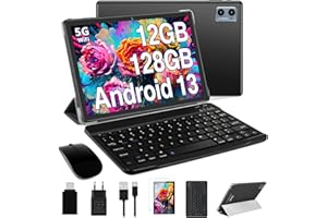 Oangcc 2024 Newest Tablet 10 Pulgadas Android 13 OS, 12 GB RAM+128 GB ROM(TF 1TB), 5G+2.4G WiFi, 8 Core 2.0 GHz, BT 5.0, Widget, 6000 mAh, 5+8MP, Certificada GMS Tableta con Teclado + Funda - Negra