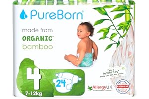PureBorn Pannolini Eco Organici in Bambù, Taglia 4 (7-12 kg), 24 Unità, Ipoallergenici, Ultra Morbidi, Stampa Assortita, Ecologici, Indicatore di Umidità
