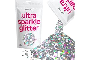 Hemway Premium Ultra Sparkle Glitter Multi Purpose Metallic Flake for Arts Crafts Nails Cosmetics Resin Festival Face Hair - Silver Holographic - Super Chunky (1/8" 0.125" 3mm) 100g / 3.5oz