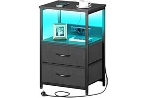 ‎ROLANSTAR Rolanstar Nachttisch mit Ladefunktion, Beistelltisch mit LED-Leuchten, 2 Stoffschubladen & 3-stufiger Aufbewahrungs, Nachtschrank aus Holz für Schlafzimmer, 40 x 30 x 60 cm