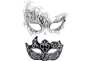 SIQUK 2 en 1 Máscara Veneciana Parejas Máscara Mascarada Media Cara para Mujer Hombre Halloween Carnaval, Negro & Plata