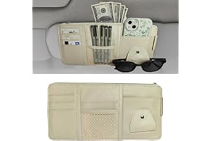 Global-Daily Car Sun Visor Organizer with Multi-Pocket Storage – Faux Leather Visor Pouch for Documents, Cards, Sunglasses, Phone & Pens – Car Interior Accessories for Car, SUV, Truck, Van (Beige)