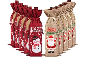 Luxshiny 10 sacchetti per vino di Natale, in tela con cordoncini e tag per bottiglie di vino, per feste di vacanza, per degustazioni cieche