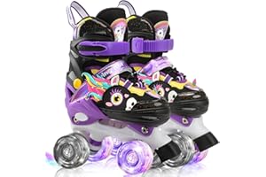 WESKIFAN Unicorn Roller Skates Kids Toddler for Girls 4 Sizes Adjustable with Shiny Light up Wheels Quad Rainbow Skates for Beginner Xmas Birthday Gifts