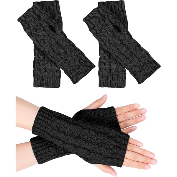 Lot De 6 Paires De Mitaines Longs Sans Doigts - Manches Longues Rayées, Polyester, Pour Femme (33cm)