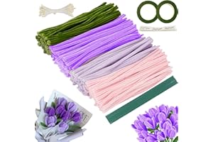 NHCUIJUN Violett Tulip Bouquet Pfeifenreiniger Set, 400 Stück in 4 Farben zum Basteln, Pfeifenreiniger Blumen-Set, mit 20 Stück Grünem Bastelfaden, Geschenkband, Klebeband