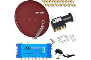 DUR-line Select 8 TEILNEHMER / 1 SATELLIT - DIGITAL SAT ANLAGE: 75/80cm ALU Sat-Schüssel Ziegelrot + 0,1dB LNB Schwarz Full HDTV 4K + PMSE Multischalter 5/8 + 25 Vergoldete F-Stecker gratis dazu