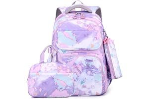 PROTAURI Schulrucksack Mädchen Teenager Kinderrucksack Leichtgewicht 3 Stück Schulranzen Set mit Lunchtasche Federmäppchen für Schule Reisen 3-9 Klasse