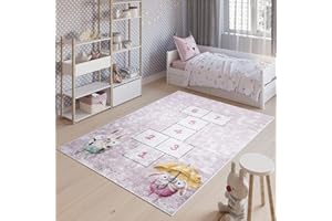 TAPISO Emma Tapis de Chambre Enfant Bébé Ado Jeu Design Moderne Rose Gris Bleu Jaune Marelle Lapins Poil Court Doux Lisse Fin Léger Antidérapant Lavable 120 x 170 cm