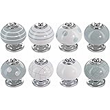 G Decor Lot de 8 boutons de porte en céramique, pour tiroirs de placards, style bohème, finition vintage, Gris/blanc