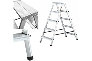 Drabest Escabeau 5 Marches Aluminium Double Face – Échelle Pliable avec Plateforme – Charge Max 125 kg – Dimensions 46x109x16 cm – pour Usage Domestique et Professionnel