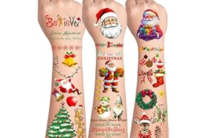 AIRNOGO Tatouage Noel Enfant, 9 Feuilles 150+ Designs Mignon Mixte, Tatouage Ephemere Enfant Fille et Garcon, Tatouages Temporaire avec Père Noël Chaussette Sapin Traineau Renne Couronne Clochette Phrases etc