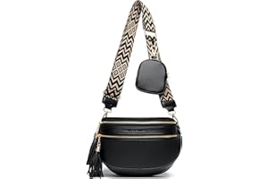 KUNKUN bauchtasche damen umhängetasche schwarz crossbody bag damen breiter gurt 5CM veganes leder brusttasche mit münzgeldbörse