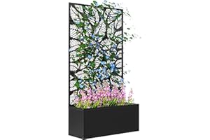 Outsunny Jardinière avec treillis, brise-vue paravent, jardinière extérieure métal sur pieds ou murale, motifs de feuilles ajourée, bac à fleurs rectangulaire balcon terrasse patio, 61x23x113 cm, noir
