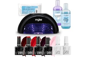 Mylee Complete Professional Gel Nail Polish LED Lamp Kit, 4x Colours, Top & Base Coat, PRO Salon Series Convex Curing® LED Lamp, Prep & Wipe, Gel Remover (Black Lamp)