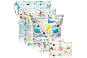 WATINC 5pcs Baby Cloth Nappy Wet Bags Reusable Cloth Diaper Bags Washable Travel Dry Wet Bag with Bear Dinosaur Animal Cartoon Patterns Waterproof Wet Suit Bags for Beach Pool Daycare Gym (3 Sizes)