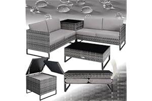 TecTake® Salottino in Rattan Ostuni, Set da Giardino con 2 Sofà e 1 Tavolo con Lastra in Vetro, Box Contenitore, Cuscini Spessi, Telaio in Acciaio, Intreccio in Polyrattan - Grigio