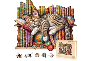 CHARMIBLE Wooden Puzzles for Adults, 280pcs Sleepy Shelf Cat Wood Puzzle, Unique Animal Shape Puzzles with Wood Box, 34x29cm Wooden Puzzle for Family Game and Birthday Gifts for Friend