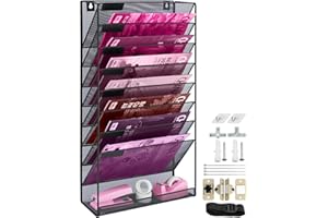 ideallife 9 Tier A4 Wall Mounted Document Holder for Wall or Desktop, Metal Mesh Hanging Wall File Folder Organiser for Paper, Mails, Books, Newspapers, Magazine, Letter - Black