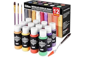 Gifort Colori Acrilici per Dipingere Metallici, 12 x 60 ML Pittura con 3 Pennelli, Coprente, Asciugatura Rapida, Atossici, Non Sbiadiscono, per Legno Tela Ceramico Artigianato