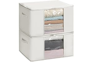 TYEERS Bolsas de Almacenaje de Tela Mezclada con Algodón, con Cremallera y Ventana Transparente, Organizador Armario para Ropa de Temporada y Ropa de Cama, 60x40x35 cm, Paquete de 2, Beige