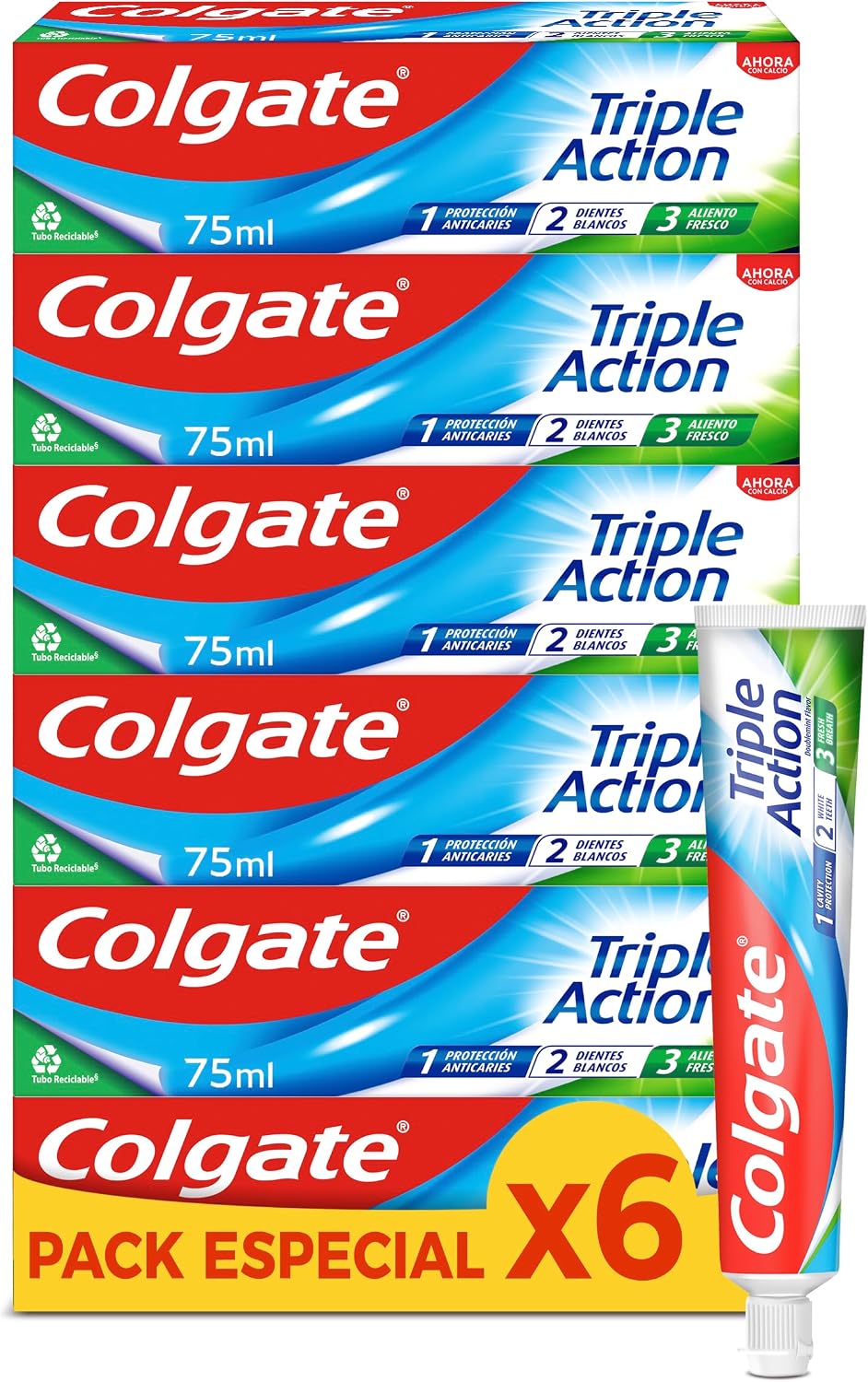 Colgate Triple Acción, Pasta de Dientes con Flúor, Protección Anticaries, Dientes más Blancos, Aliento Fresco, Pack 6 Uds x 75ml