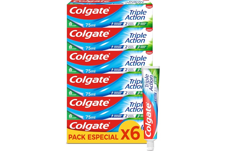 Colgate Triple Acción, Pasta de Dientes con Flúor, Protección Anticaries, Dientes más Blancos, Aliento Fresco, Pack 6 Uds x 7