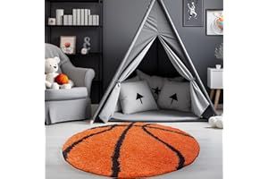 ‎CARPETSALE24 Carpetsale24 Kinderteppich Rund 100 cm Orange Schwarz – Weicher Hochflor Spielteppich mit Basketball Motiv – Pflegeleicht & rutschfest – Ideal für Jungenzimmer & Mädchenzimmer im Jugendstil
