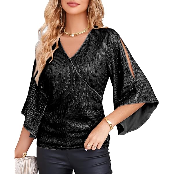 CUVZORA Maglia Donna Con Paillettes Scollo A V – Elegante E Brillante, Maniche Lunghe, Perfetta Per Matrimoni, Feste E Natale, Taglie Forti Disponibili