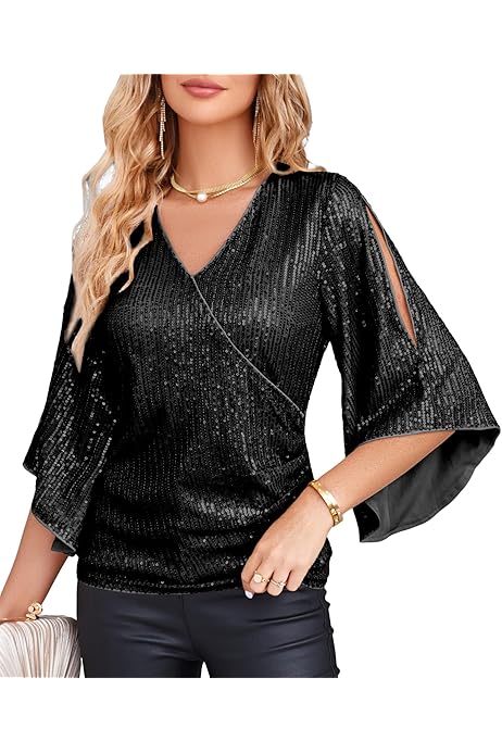 Allegra K Women's Sequin Crop Top Sparkle Glitter Short Sleeve