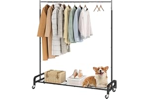 Yornoli Clothes Rail 5ft Clothes Rack for Bedroom Heavy Duty Clothes Rails with Shelves Free Standing Metal Clothes Rails on Wheels for Hanging Clothes Portable Garment Rack with Storage, Black