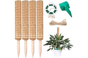 UNIDEAL 4 Pezzi Totem Palo di Cocco Bastoncino 40cm, Supporto Piante rampicanti, tutore Piante, ​Totem palo, per Arrampicata Piante Monstera, con 1 Rotolo Fascette da Giardino e 50 Etichette Piante