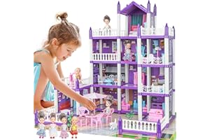 GIRLDIARY Dollhouse for Girls, Doll House 4-5 Year Old Princess Dollhouses, 4 Stories 14 Rooms Toddler Doll House with 4 Dolls, Lights, Furniture & Accessories, Playhouse Toy Gift for Kids Age 3+ (Purple)