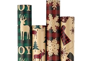 RUSPEPA Christmas Wrapping Paper, Kraft Paper - Red and Green Plaids Style Designs - Christmas Elements Collection - 4 Rolls - 76cm x 305cm per Roll