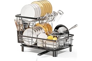 LIONONLY 2 Tier Dish Drainer Rack with Drip Tray, Detachable Dish drying Rack with Swivel Drainage Spout, Utensil & Cup Holder,Dish Rack for Kitchen Counter