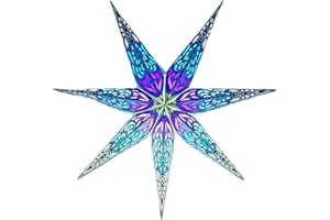 YEPSIO Lanterne Etoile Papier Abat-jour Étoile 7 branches Grand 60 cm Décoration à suspendre pour Noël, mariage, maison, fête d'anniversaire Bleu pailleté Violet Multicolore