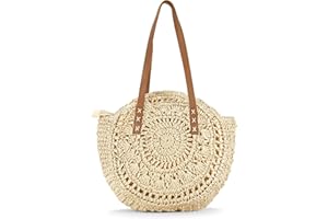 Woodland Leathers Women's Straw Shoulder Bag, Medium & Large Summer Beach Tote with Zipper, Durable Leather Handles, Women Holiday Shoulder Bag with Versatile Styles and Colours