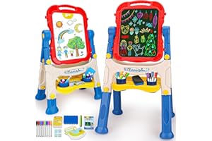 LYPSOCHAAT 4 in 1 Kinder Staffelei Höhenverstellbare, Doppelseitige Kindertafel mit Magnetischer Kreidetafel & Whiteboard, Kinder Standtafel mit kreide und magnet ab 3 4 5 6 Jahre, Geschenk für Kinder 3-7 Jahre