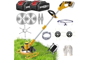 YUIOIBUC Cordless Strimmer, 21V Battery Strimmer Cordless, Lightweight Garden Strimmers with Weed Brush, Metal Blade Strimmer, 4 Types Blades, Wheels, Telescopic, Grass Trimmer for Yard, Sidewalk Edges