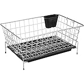 Amazon Brand - Solimo Stainless Steel Dish Drainer with Drain Tray + Cutlery Stand | for Kitchen Utensils | Drying Rack Stand