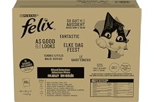 FELIX Tendres Effilés Sélection Mixte | Boeuf, Poulet, Thon, Cabillaud | Nourriture humide pour Chat en Gelée | Adulte | lot de 1 x (80 x 85g)