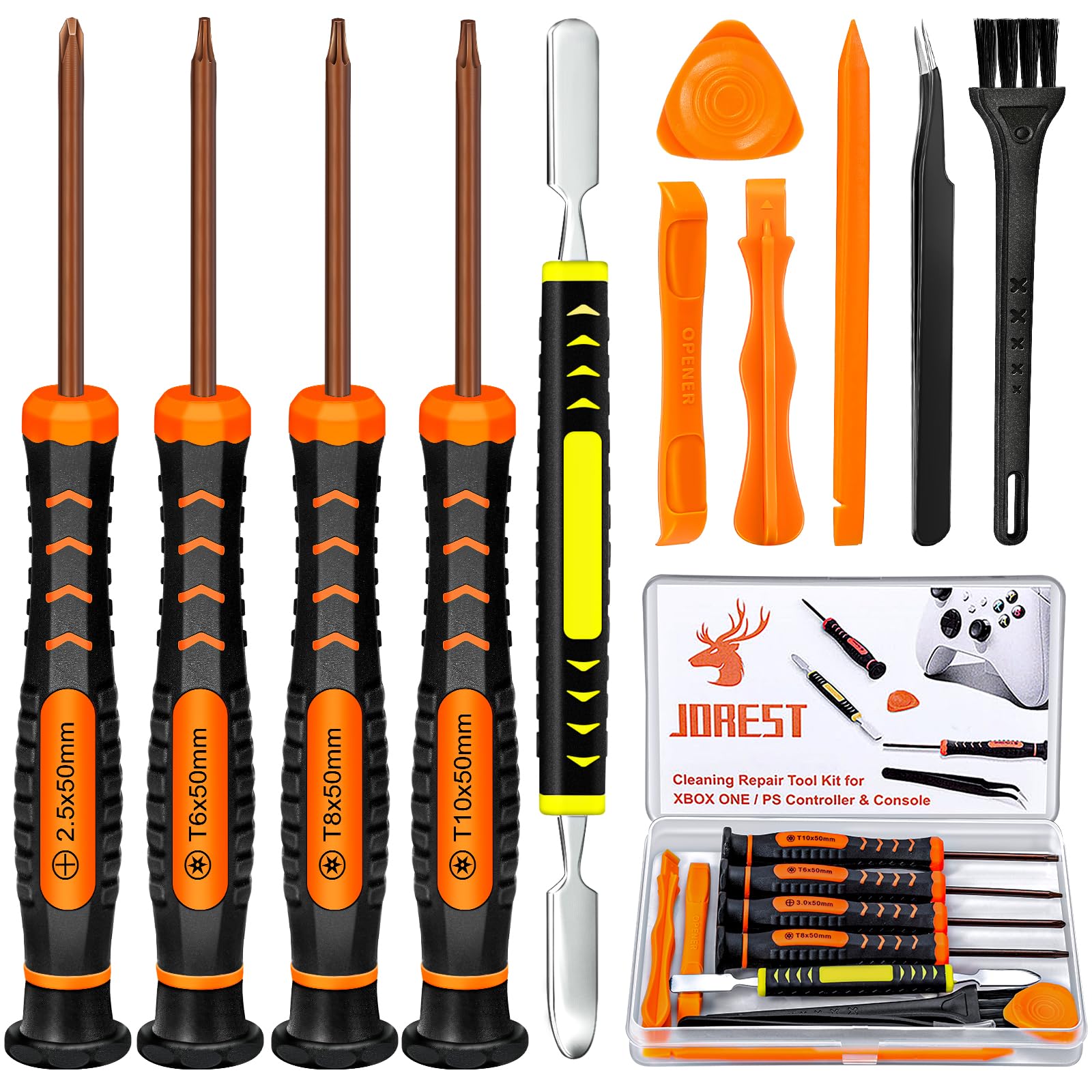JOREST Cleaning Repair Tool Kit for PS4 PS3 PS5 Xbox One/360, PH0 T6 T8 T10 Torx Security Screwdriver for Controller & Console, with Crowbars Tweezers - 1