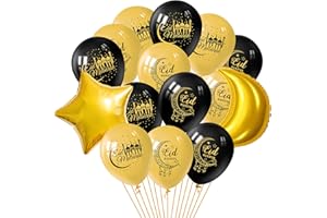 PLULON 15Pcs Eid Mubarak Balloons Ramadan Mubarak Decorations, Black and Gold Eid Mubarak Latex Balloons, Foil Star Balloon Foil Moon Balloon for Muslim Ramadan Party Decorations Home Holiday Decor