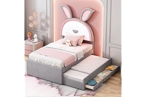 MOIMHEAR Cama infantil 90 x 200 cm, tapizada con LED, tela de terciopelo, sofá cama individual acolchado multifuncional con cama extraíble, cajón de almacenamiento (gris)