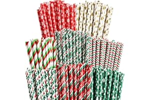 ALINK 100 Weihnachts Papierstrohhalme, 8 Stile gestreifte Weihnachtsbaum Schneeflocke Strohhalme für Weihnachten Party Dekorationen Zubehör