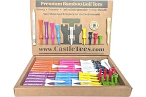 Castle Tees Official Bamboo Golf Tees up to 140 Tees 9 Sizes & Colours Premium Super Strong in Orange Purple Pink Sky Blue White Yellow Navy Blue Red Green Free Pitch Repair Tool