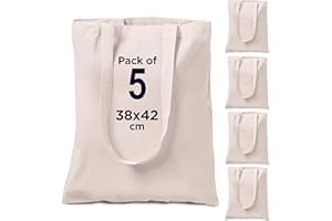 CENTRIX Natural tote Cotton 5 pack 15 X 16 inch reusable grocery bags, 5.5 oz cotton canvas tote, eco friendly super strong washable great choice for promotion Branding and Gift