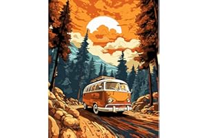 HEIBAGO Bus Paint by Numbers, Sunset Landscape Paint by Numbers for Adults Beginners, DIY Paint by Numbers on Canvas Mountain Oil Painting Picture for Home Art Decor 16x20 Inch (Frameless)
